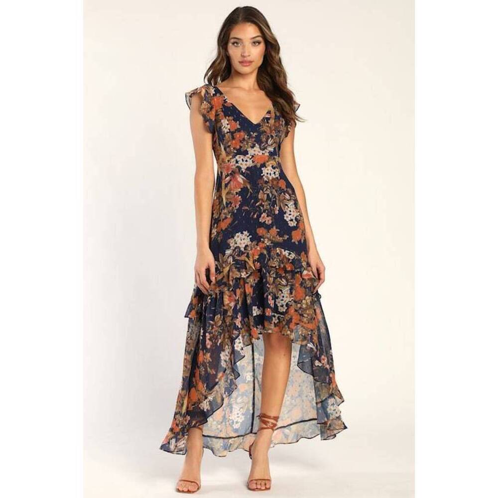 Lulus Stunning Favorite Navy Blue Floral Ruffled High-low Maxi Dress - Size L